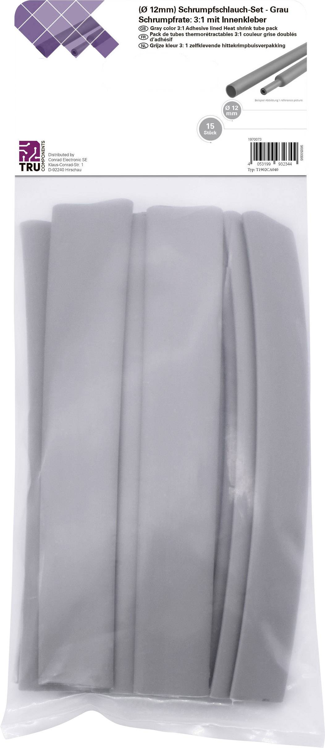 'Large heat shrink tube kit, pack of 6, 12mm diameter, 3:1 shrink ratio, with internal adhesive for secure and weatherproof sealing.'