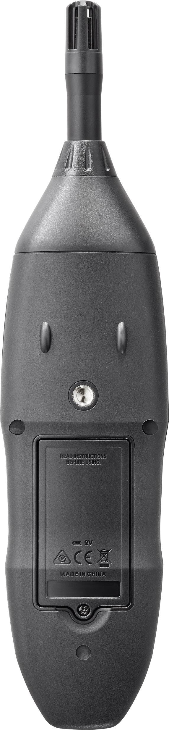 Black electric device with a long, narrow attachment and removable cover. Underside displays CE marking and specifications.