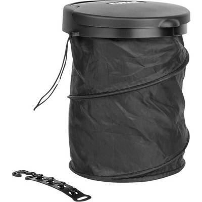 Black, foldable rubbish bin with a sturdy lid and drawstring for closure. Side strap storage area.