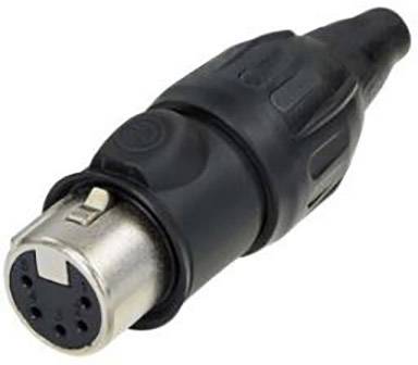 Black, four-pole plug with metal contact. Suitable for audio or video connections.