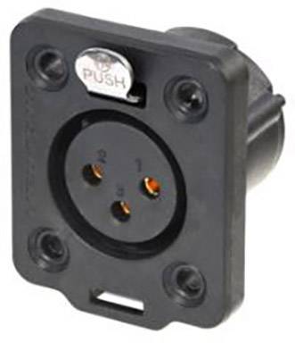 A black XLR connector with three round sockets and a silver push button marked 'PUSH'.