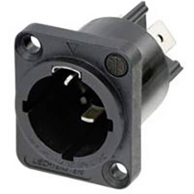 Black, round device socket with a plastic housing, two mounting holes, and three metal contacts for electrical connections.