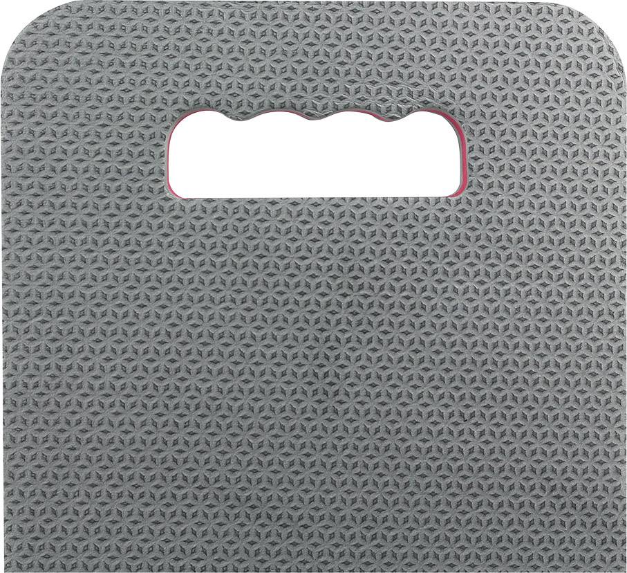 Grey cushion with an embossed geometric pattern and a grip opening at the top, designed for comfortable use on hard surfaces.