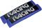 Two blue seatbelt pads with the silver lettering 'RACING'.