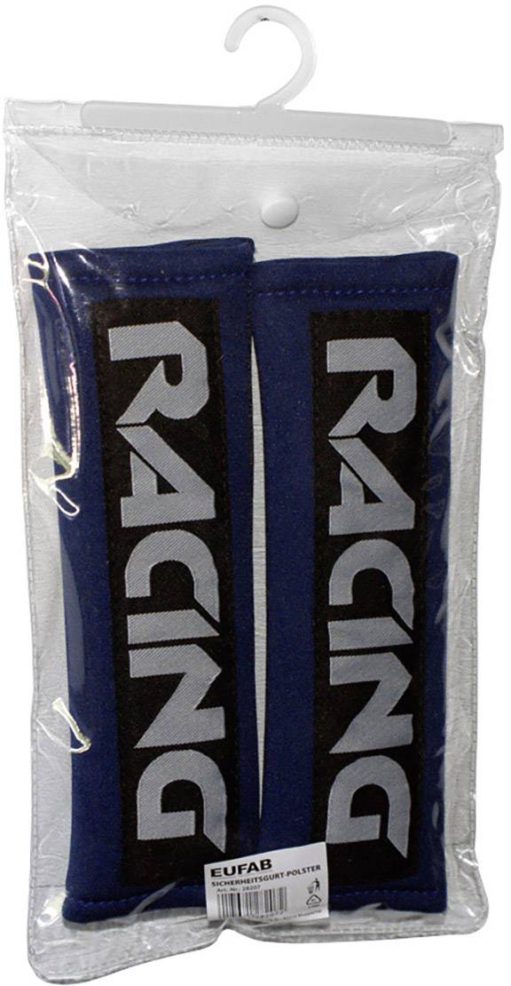 Two blue seatbelt cushions with white 'RACING' lettering in a clear plastic packaging.