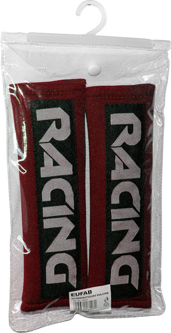 Two red seat belt pads with 'RACING' printed on them in a transparent packaging. They are designed for use in vehicles.