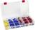 A transparent plastic casing with various coloured cable clips: yellow, blue and red sorted in compartments.