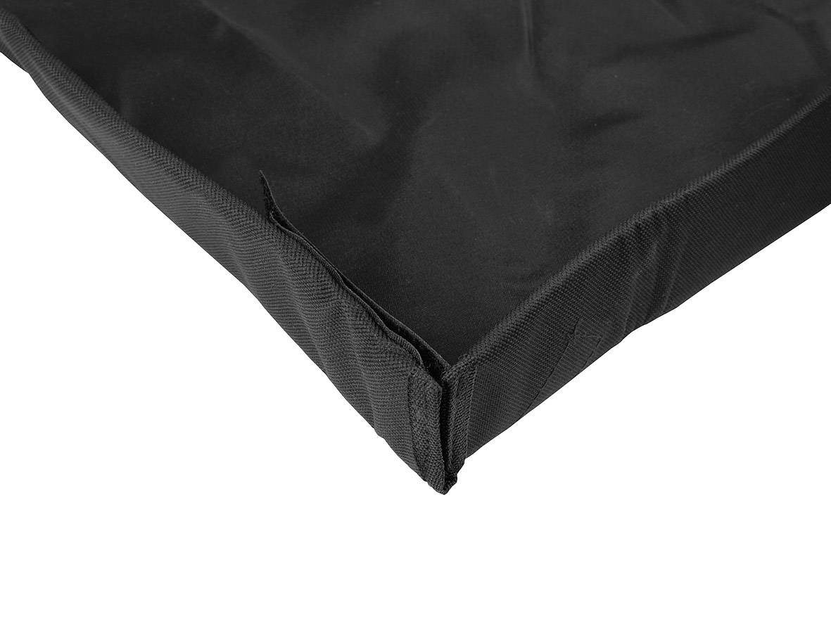 A black foam mattress with a fabric cover. It is rectangular, simply designed, and suitable for indoor use.