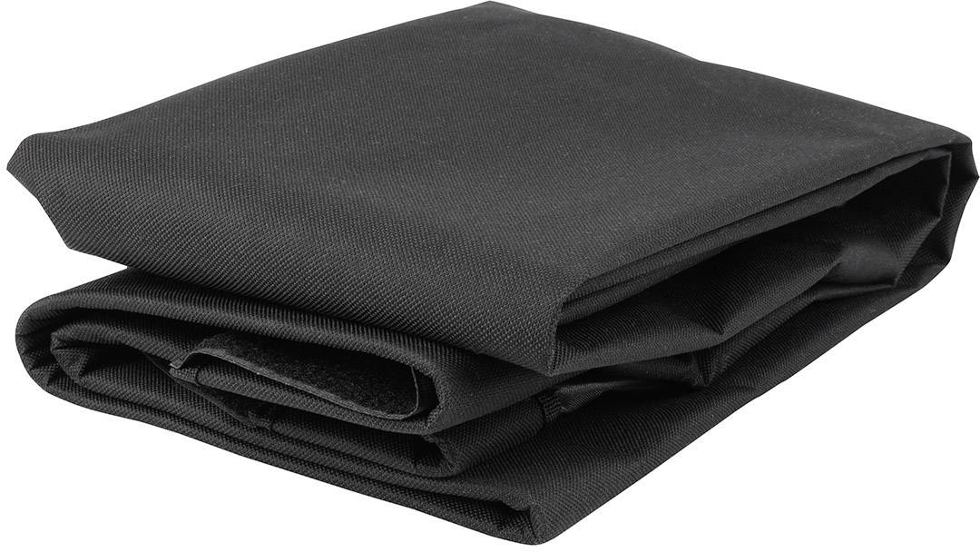 A folded black piece of fabric, possibly a cover or cloth, on a white background.