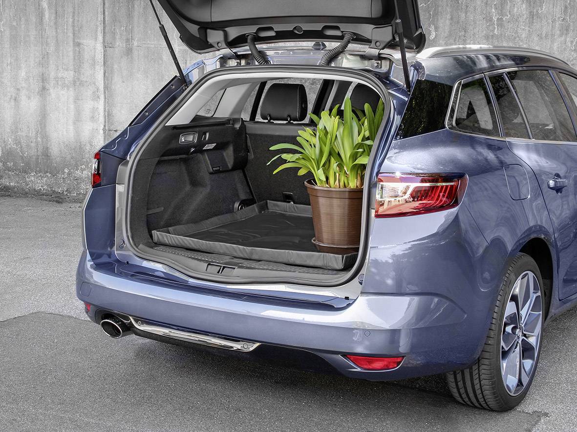 A blue estate car with its boot open. A potted plant sits in the boot, which is parked on an asphalt surface.