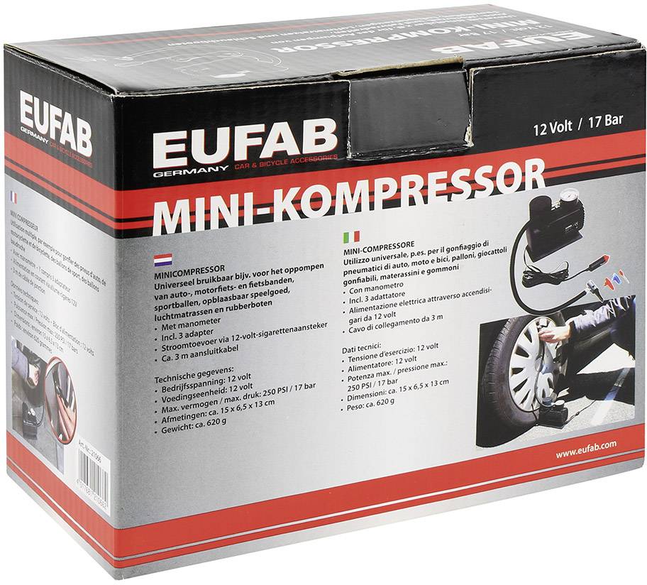 Packaging for a Mini Compressor by EUFAB. Includes product image, some technical specifications, and application range for car tyres.