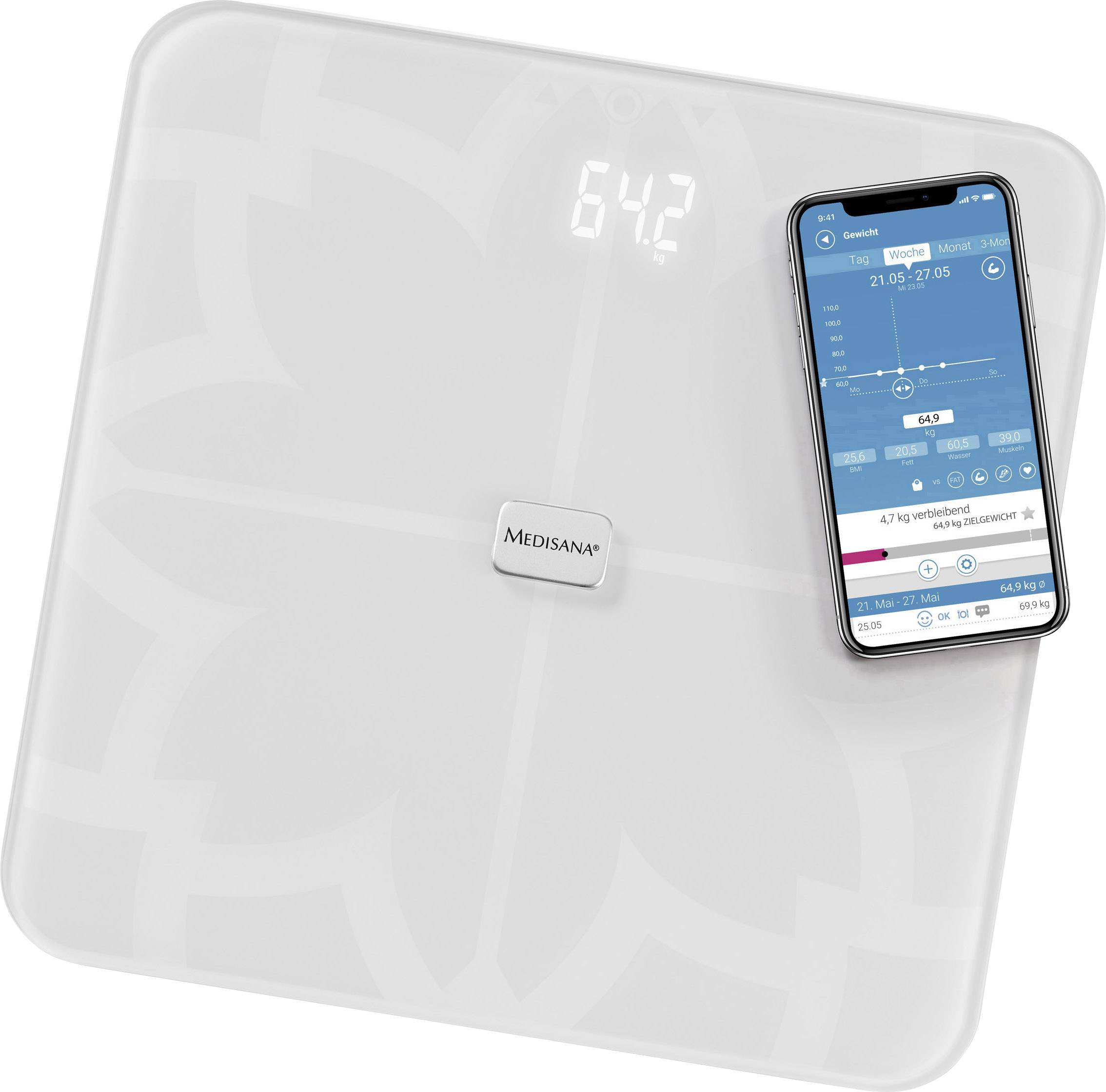 Medisana BS 450 ws Smart bathroom scales Weight range=180 kg White Incl. Bluetooth, ITO sensors-8