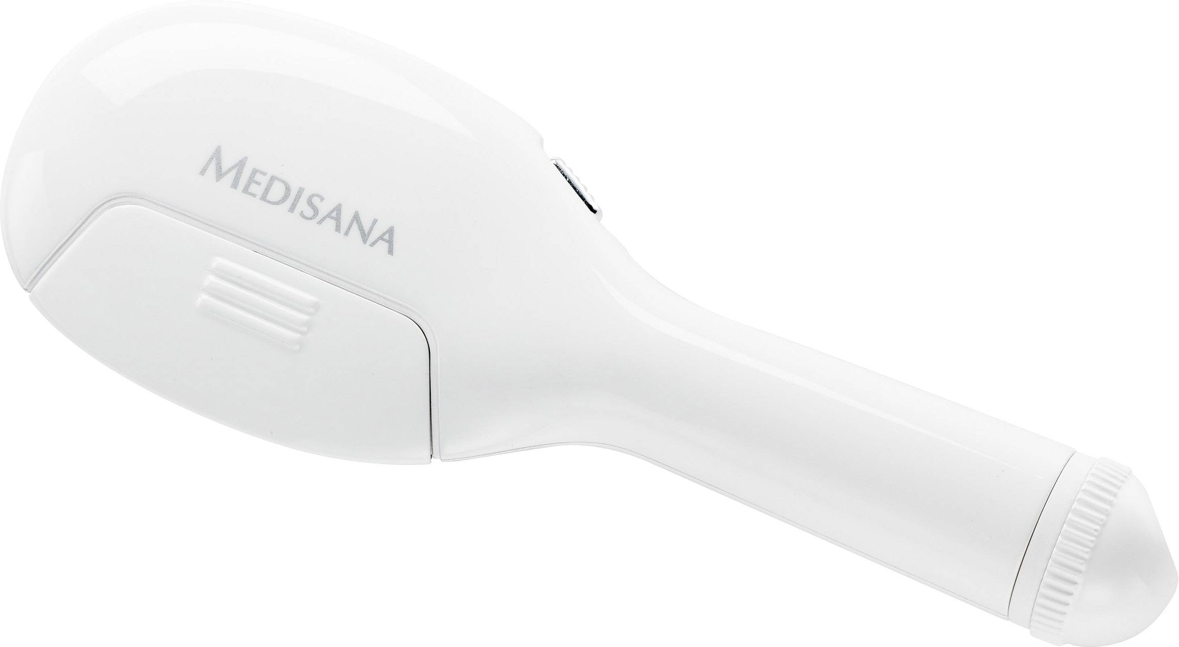 White hand massage device by Medisana with ergonomic handle and structured massage head, suitable for muscle relaxation.