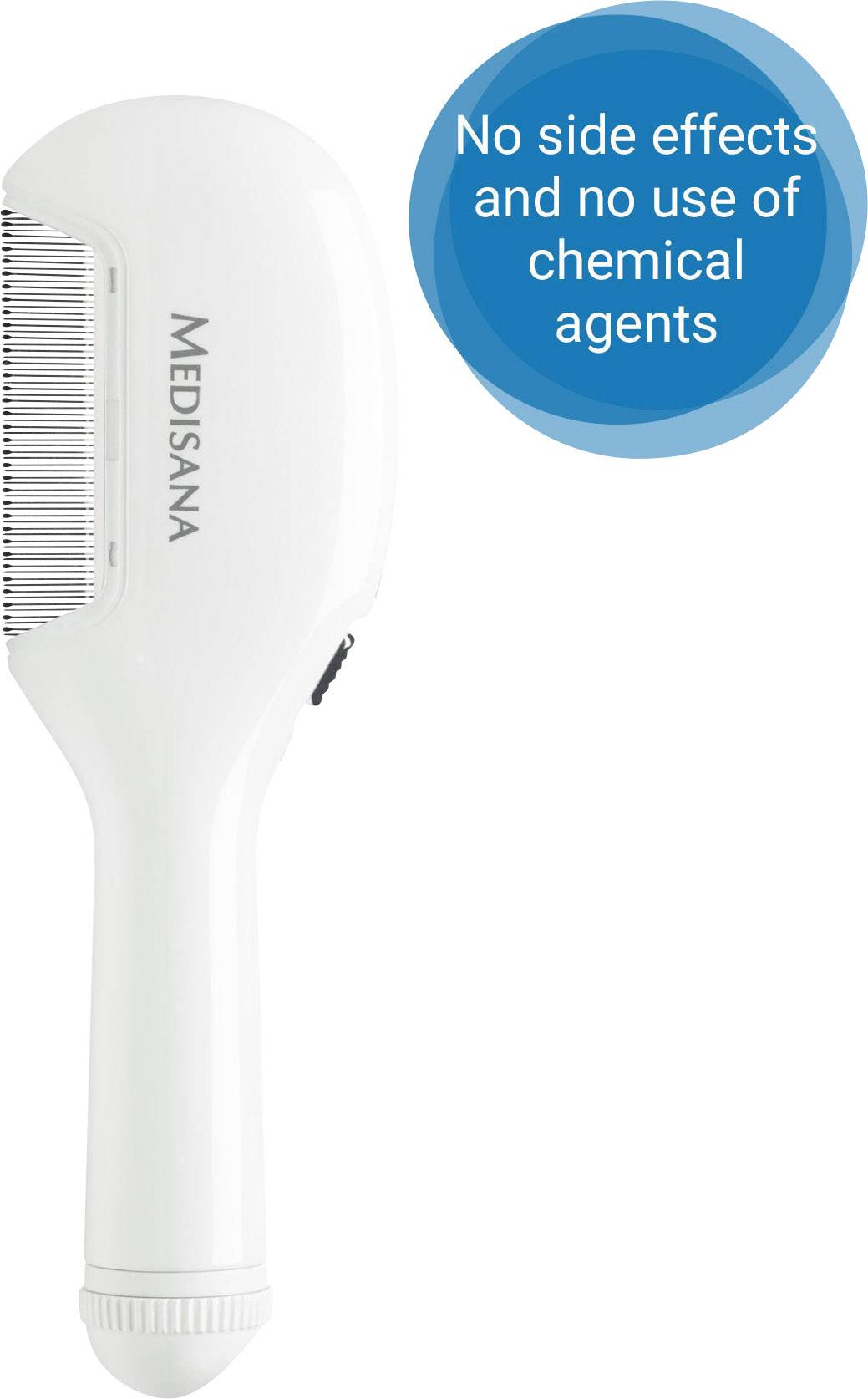 A white electric comb with the inscription 'Medisana', next to a blue circle with the text 'No side effects and no use of chemical agents'.