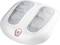 A white foot massager with two grey massage surfaces and a red power button on the front.