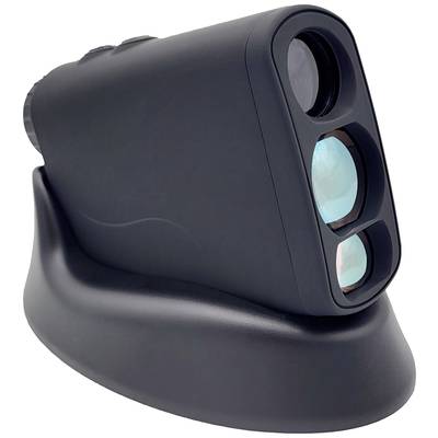 Black optical device with multiple lenses, likely a rangefinder or binoculars, mounted on a stand.