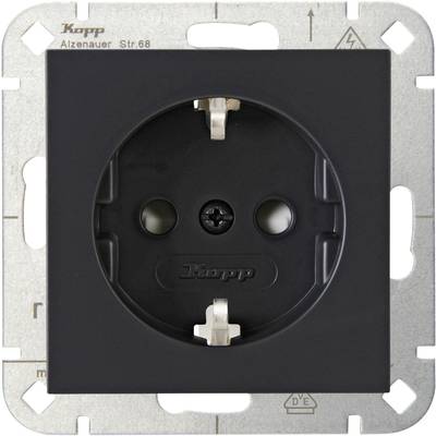 'Black double-earthed socket mounted in a metal bracket. By Kopp brand, suitable for electrical installations.'