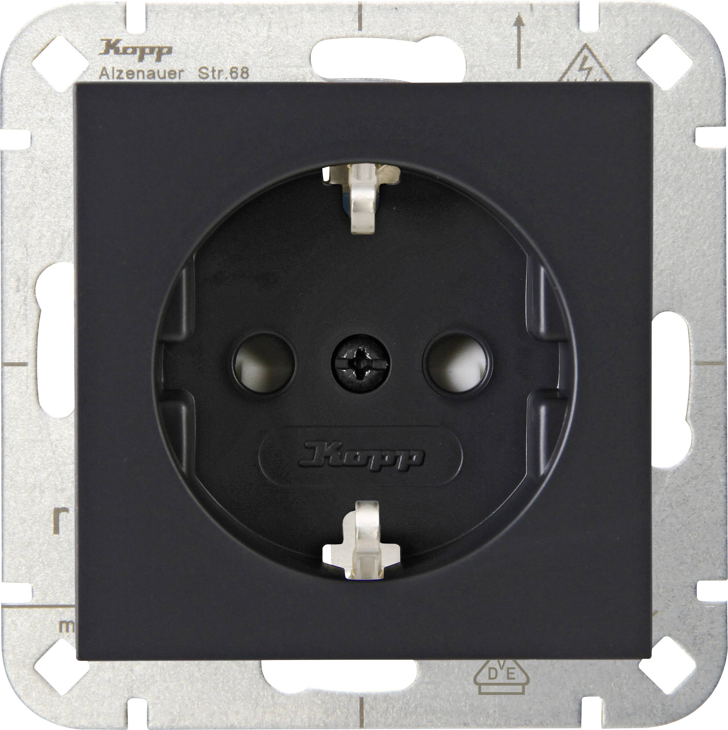 A black socket by Kopp, Model Alzenauer Str.68, pictured in a square metal mounting.