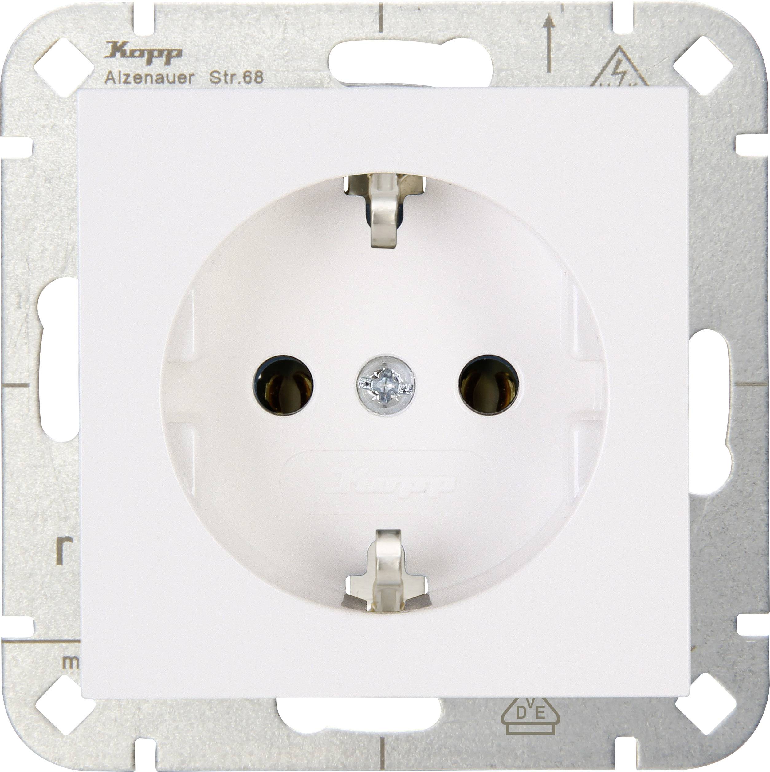 A white wall socket with earth contact, surrounded by a square metal frame mounting bracket with markings.