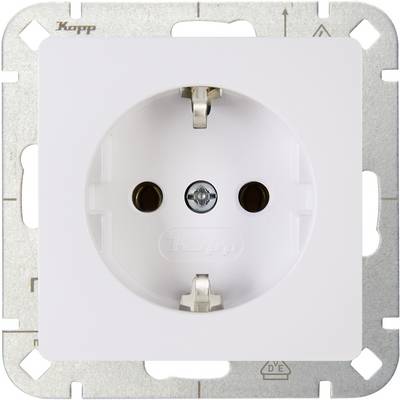 White Schuko socket in a metal mounting, suitable for electrical devices in Europe.