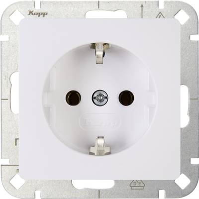 White, round earthed socket with metal mounting plate, suitable for wall mounting; marked with 'Kopp' on top.