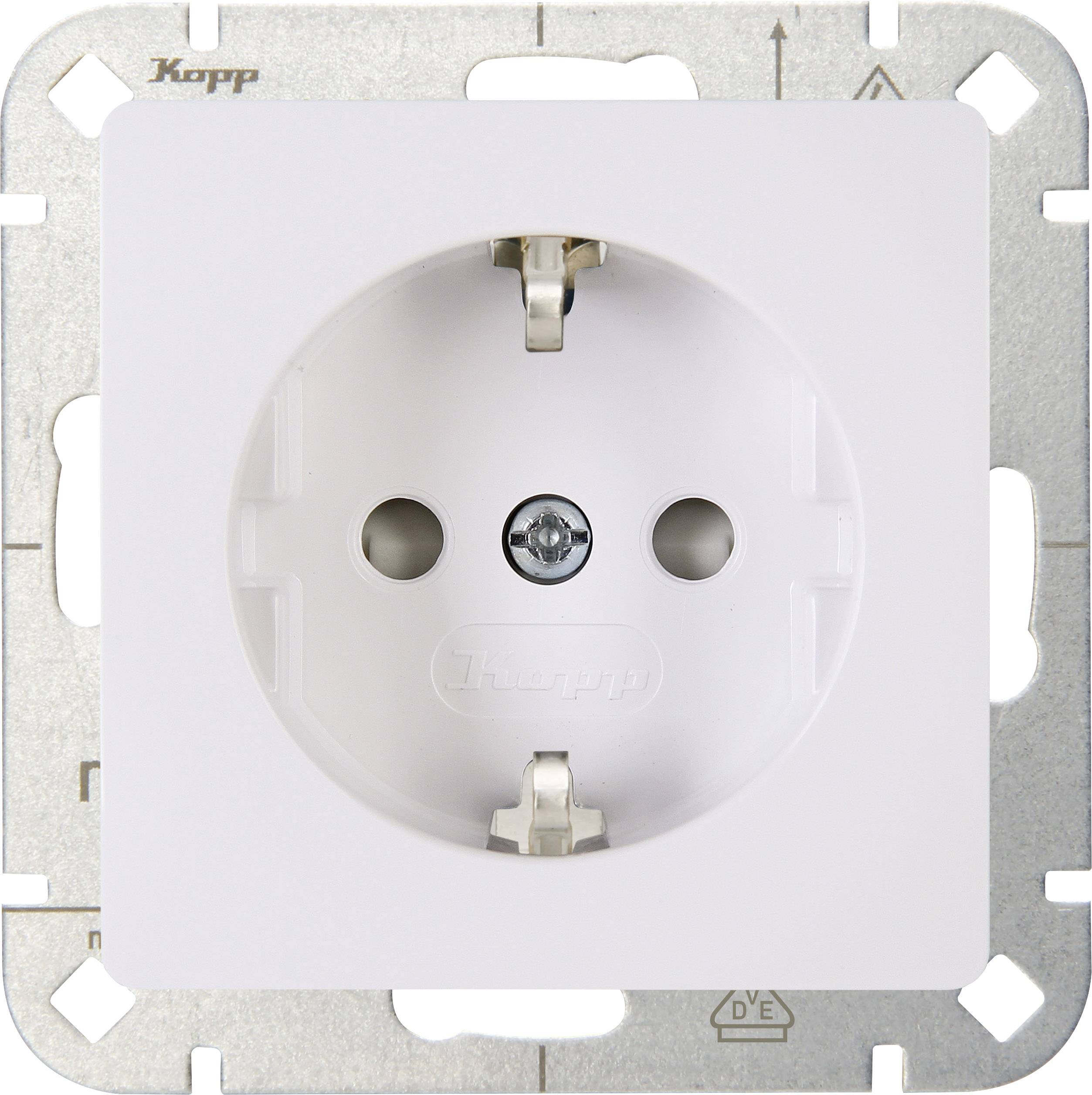 White socket on a rectangular metal frame. It has two round openings and a centrally positioned screw.