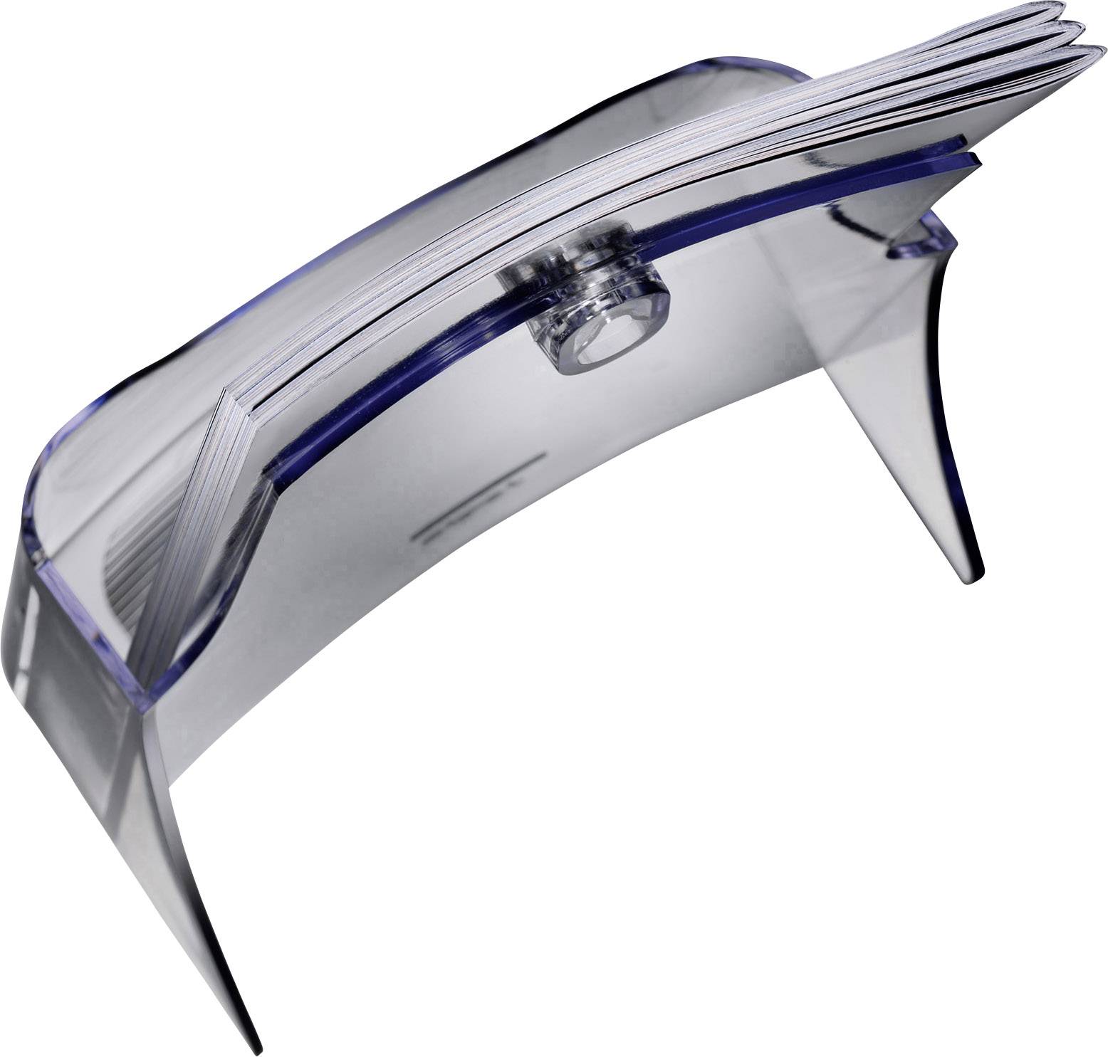 A transparent acrylic business card holder with multiple card slots.