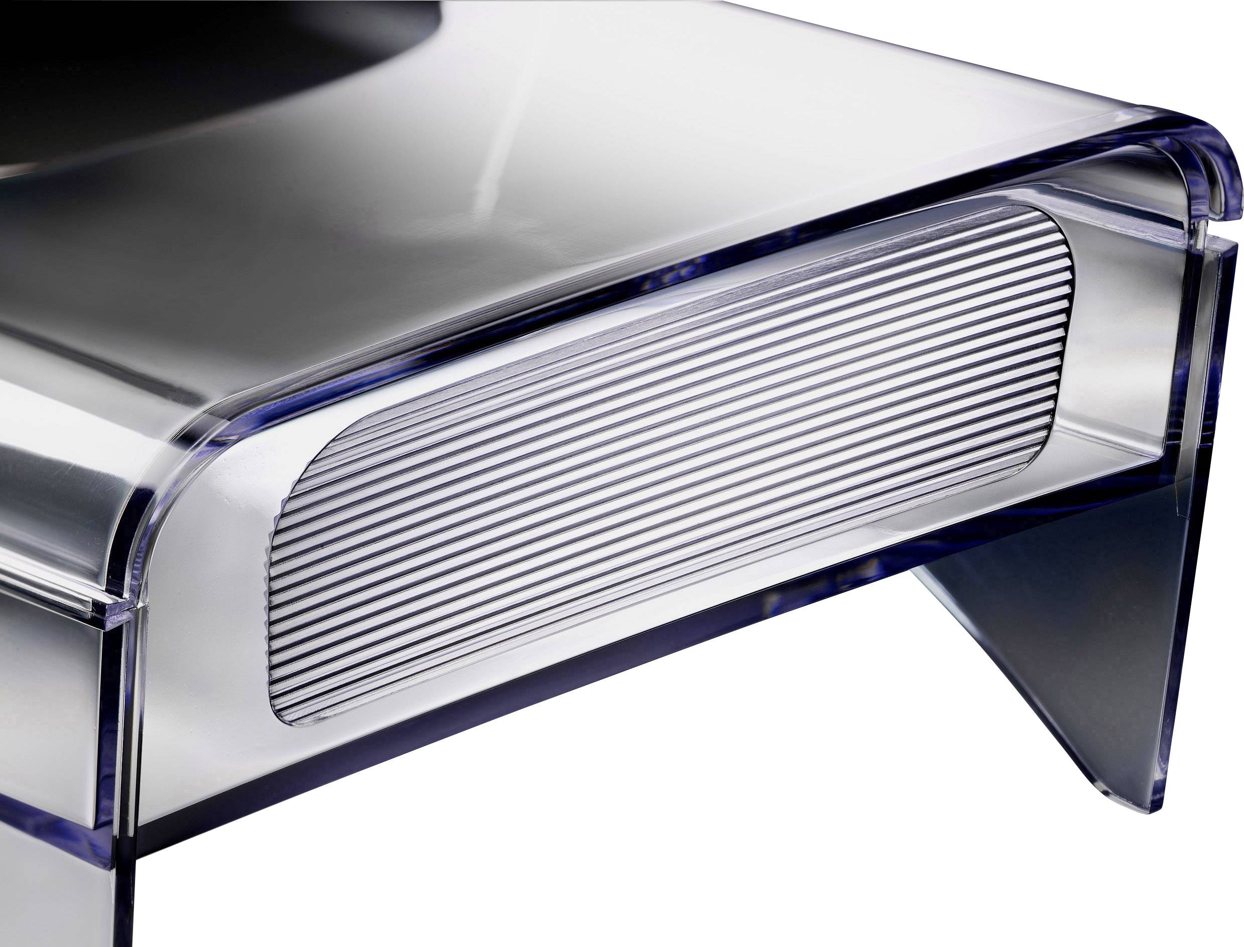 Close-up of a modern, transparent acrylic piece of furniture, showcasing a clear, curved style with a ribbed front panel.