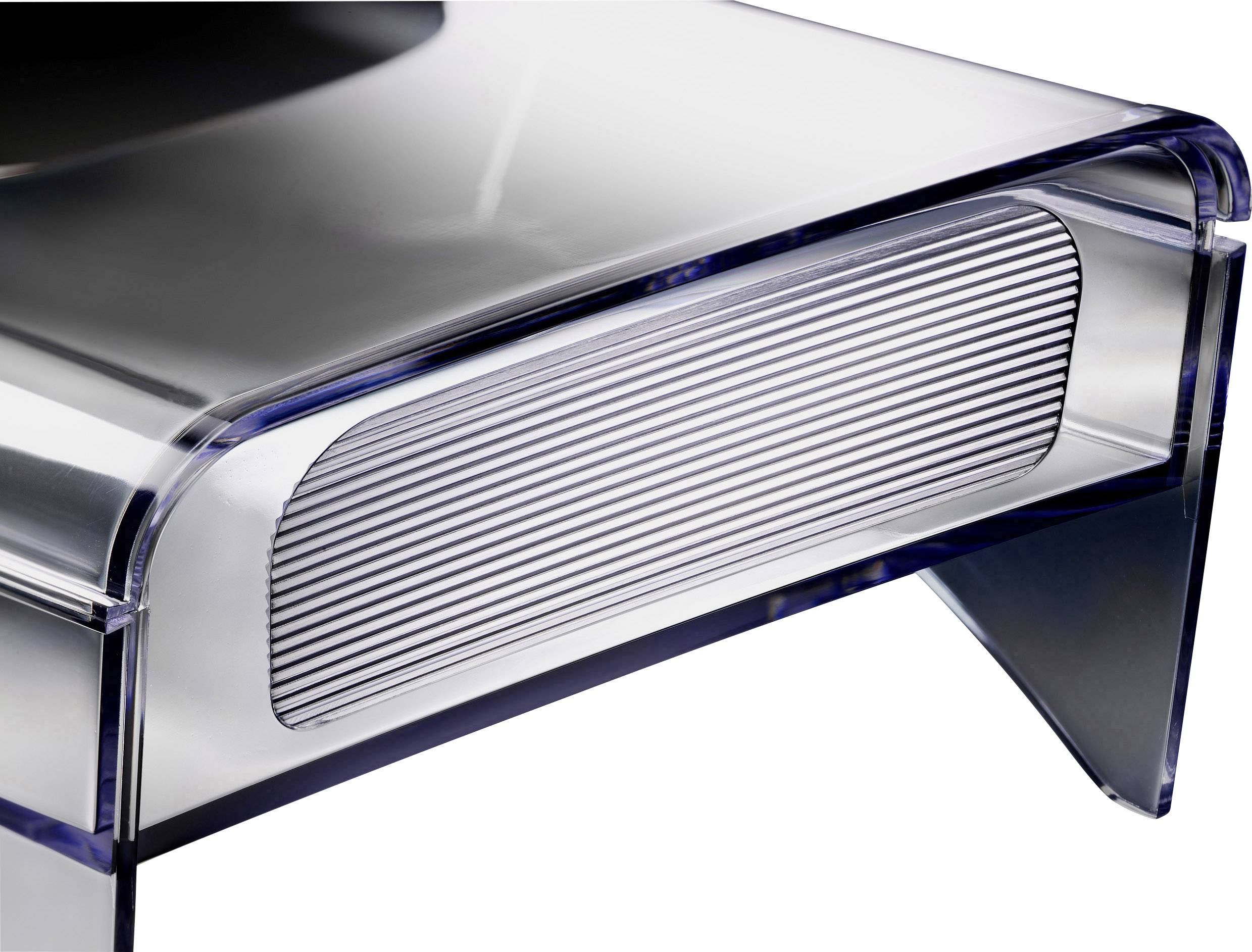 A sleek, modern metal table with a transparent plastic element on the left side, showcasing a minimalist, futuristic style.