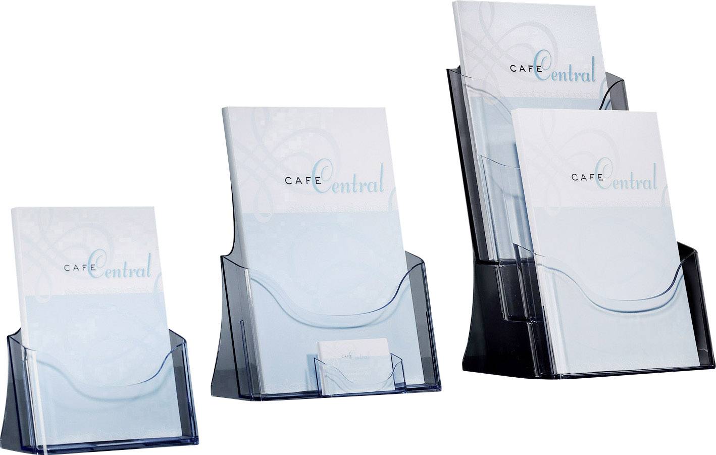 Three clear plastic brochure holders of varying sizes, arranged side by side and filled with 'Cafe Central' leaflets.