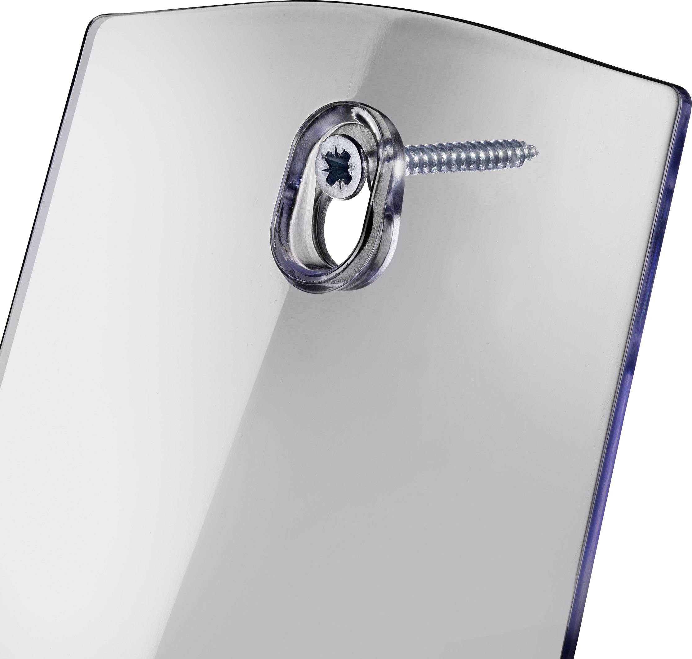 A silver metal plaque with rounded corners, fixed to a wall with a screw.