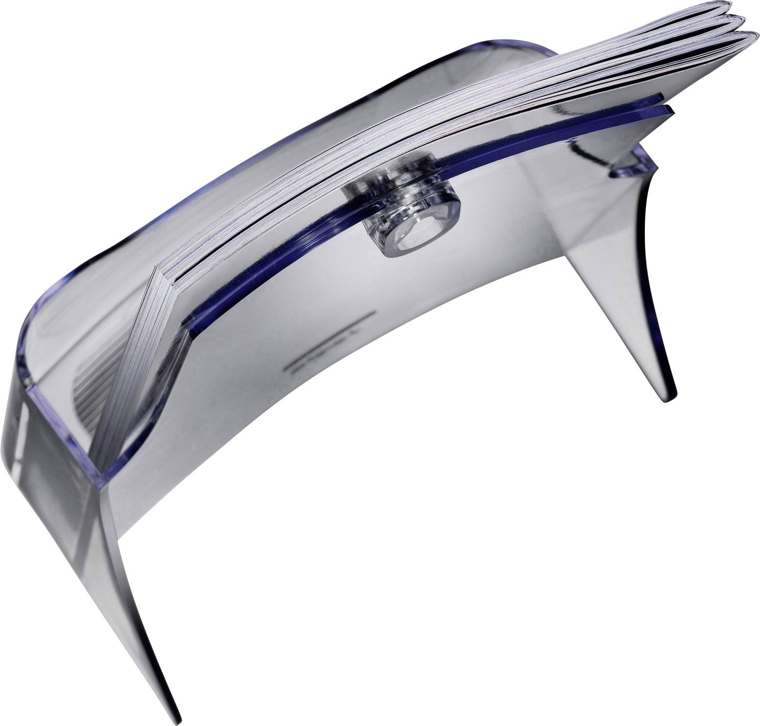 A transparent card holder with multiple cards neatly arranged. Ideal for office organisation and business card presentation.