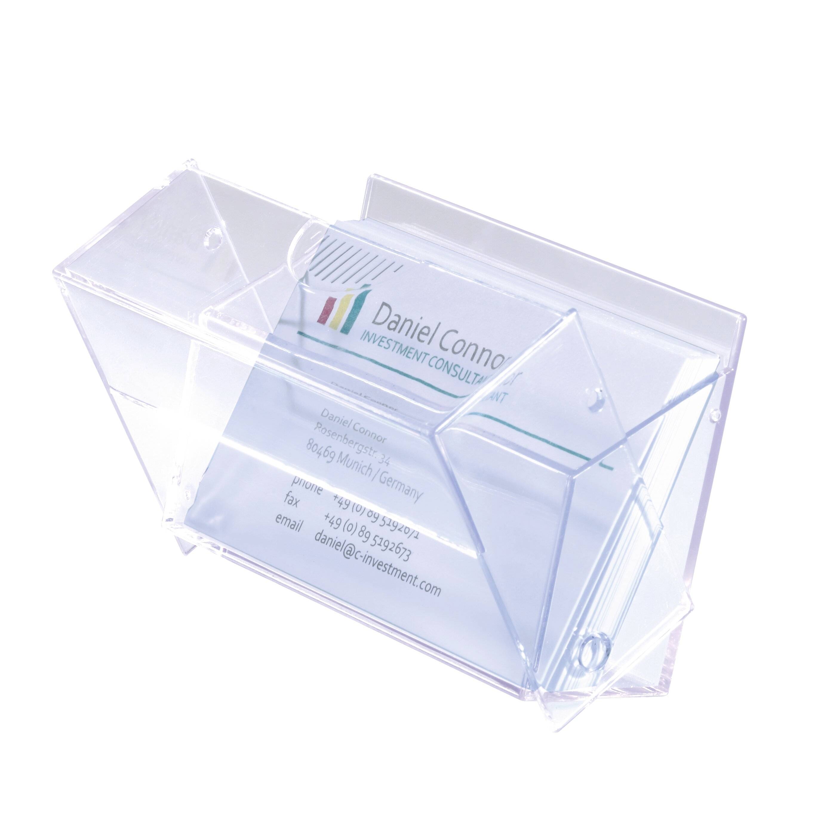 A transparent business card holder displaying a card labeled 'Daniel Connors, Investment Consultant,' with contact details.