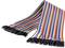Multicoloured flat ribbon cable with numerous parallel wires, terminated with black connectors on one side.