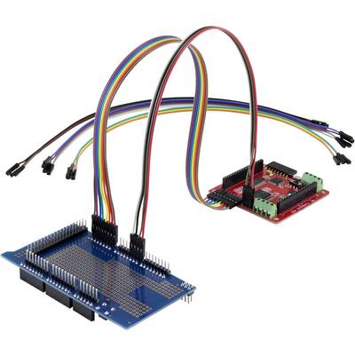 A blue and a red electronic circuit board, connected by several coloured cables, on a white background.