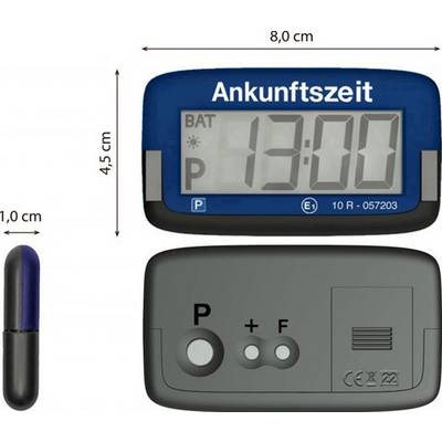 Car parking meter with digital 'arrival time' display, showing 13:00. Contains a battery symbol and buttons for settings. Dimensions: 8 cm x 4.5 cm.