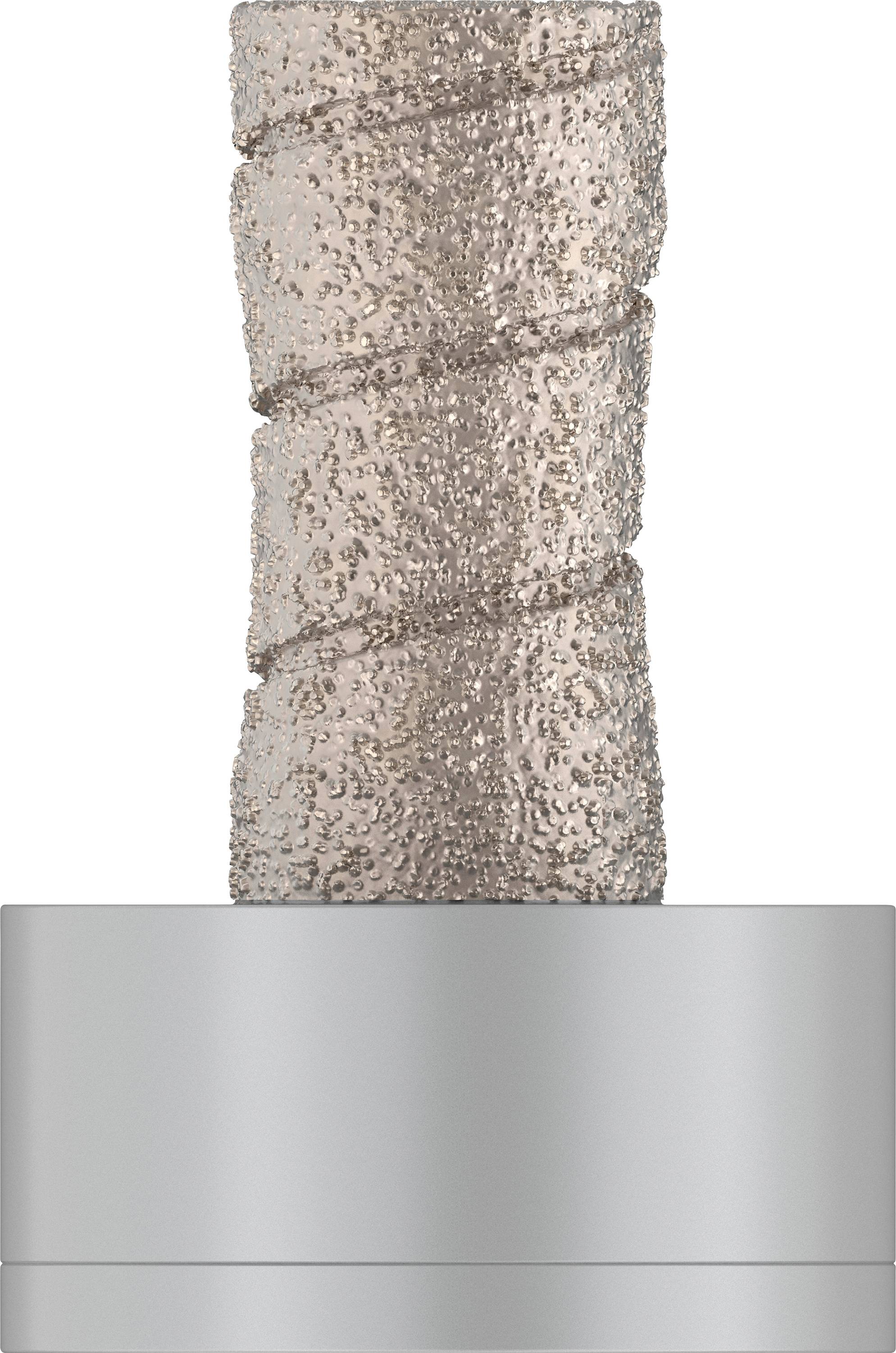 A silver, textured object with spiral patterns stands on a smooth, cylindrical base.