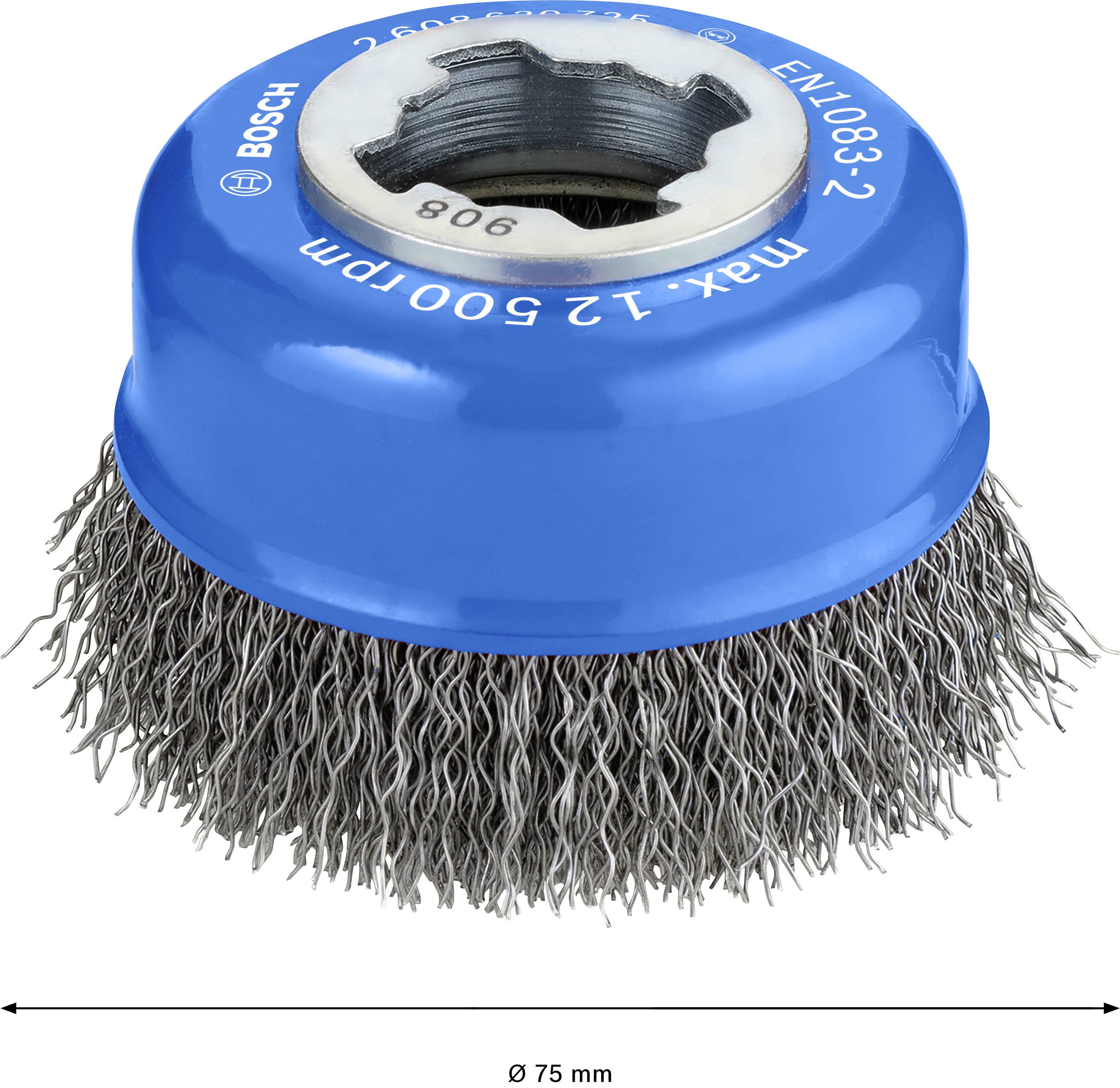 Blue Bosch round brush attachment made of steel with gray bristles, diameter 75 mm, maximum 12,500 RPM. Suitable for metalworking.