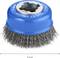 Blue Bosch round brush attachment made of steel with gray bristles, diameter 75 mm, maximum 12,500 RPM. Suitable for metalworking.