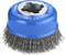 A blue pot brush with metal bristles, used for cleaning or de-rusting surfaces. Markings: 'Bosch', max '12,500 rpm'.