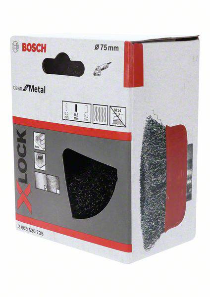Packaging for a Bosch X-Lock wire brush for metalworking, 75 mm diameter. Shows application symbols and product illustration.