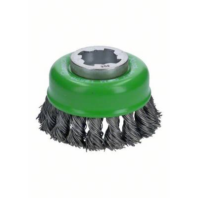 Green circular wire brush attachment with twisted wire bristles, suitable for removing rust or paint from metal surfaces.