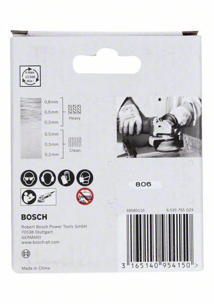 Sandpaper packaging with an illustration of an angle grinder. Label shows grit sizes from 0.8 mm to 0.3 mm. Manufacturer: Bosch.