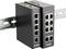 Two industrial Ethernet switches from D-Link, model DIS-100E-8W, mounted on a DIN rail, each displaying eight Ethernet ports.