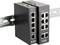 Two D-Link network switches (DIS-100E-5W and DIS-100E-8W) mounted on a metal rail, with multiple Ethernet ports visible.