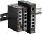 Industrial Ethernet switches by D-Link, mounted on a DIN rail, display multiple network ports for data connections.