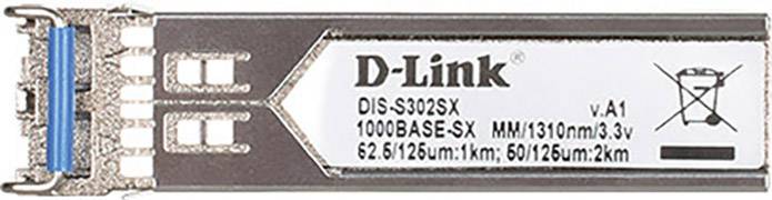 A D-Link SFP module, model DIS-S302SX, for 1000BASE-SX connections. Supports distances of 62.5/125 µm: 1 km, 60/125 µm: 2 km.