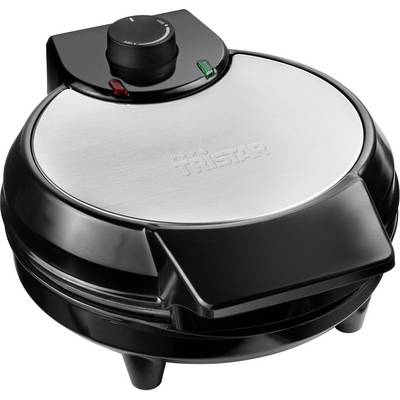 Black and silver waffle maker with temperature control and illuminated indicators on the top surface. Brand name engraved in silver.