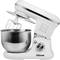 A white stand mixer with beaters and a large stainless steel bowl, suitable for mixing ingredients. Control buttons on the side.