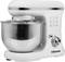 White kitchen food mixer with stainless steel mixing bowl and rotary dial for speed control.